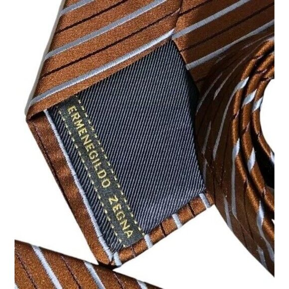 ERMENEGILDO ZEGNA Men's 100% Silk Necktie LUXURY Tie Brown Striped W:3.2" EUC - Picture 2 of 5